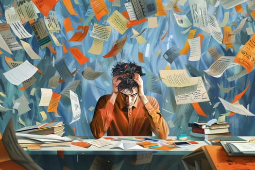 An individual overwhelmed by a storm of papers and books, symbolizing the stress of studying. The chaos of flying documents represents the intense pressure of academic pursuits