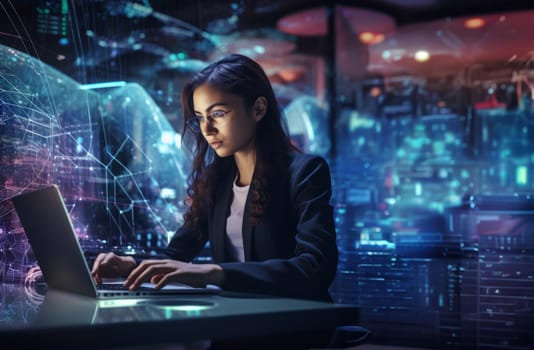 A futuristic scene of cyber exploration, a woman hacker immersed in her work, surrounded by symbolic holographic technology, delves into the digital realm with skill and determination