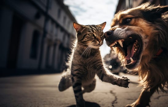 A dangerous street fight unfolds between a cat and a dog, showcasing the intense confrontation between these urban adversaries