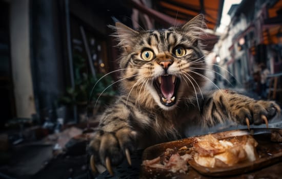 A close-up of a cat's face shows its sharp teeth and claws bared in a fierce snarl as it attacks its food.