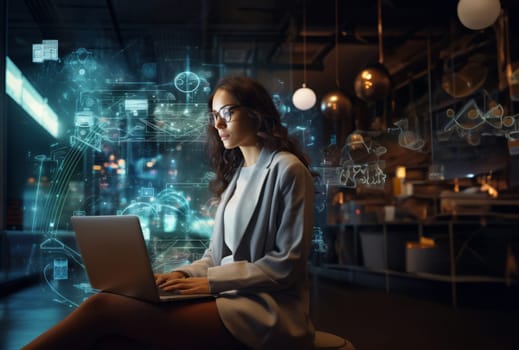 A futuristic scene of cyber exploration, a woman hacker immersed in her work, surrounded by symbolic holographic technology, delves into the digital realm with skill and determination