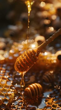 Natural honey is trickling from a honey dipper into a honeycomb, a key ingredient in various recipes and cuisines. This event showcases the natural beauty of terrestrial plants and their sweet nectar