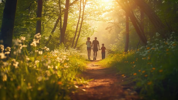 A woman and child stroll through a forest, hand in hand, amidst trees, plants, and natural woodland landscape. AIG41