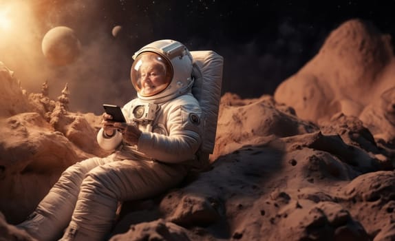 A grandmother astronaut takes a well-deserved break on the moon, checking her phone for messages from back home.