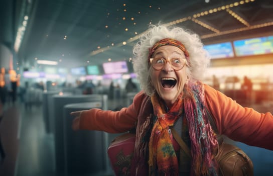 A heartwarming moment of joyful anticipation, a happy elderly woman sits at the airport, eagerly awaiting an adventurous journey ahead, brimming with excitement and anticipation