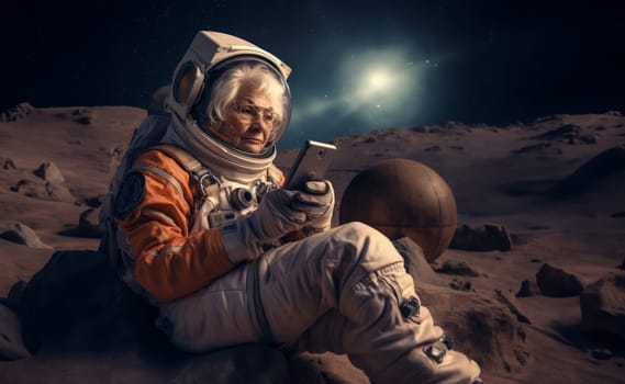 A grandmother astronaut takes a well-deserved break on the moon, checking her phone for messages from back home.