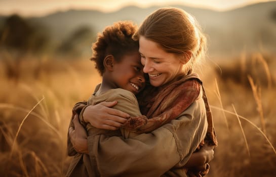 a powerful moment of cross-cultural connection, a European volunteer embraces an African-American child in the African desert, exemplifying the universal language of compassion and human solidarity.