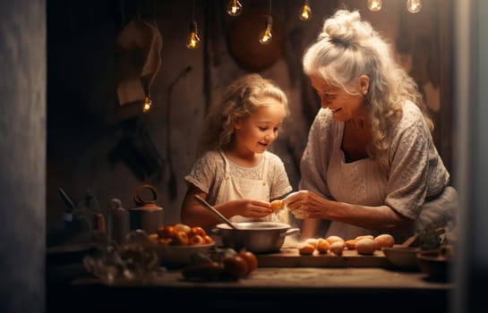 In the cozy warmth of home, a grandmother and her grandchild share a special bond as they cook together, passing on traditions, creating memories, and cherishing each other's company.Generated image.