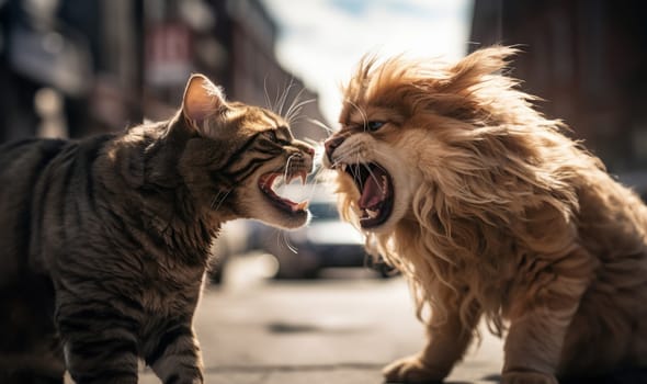 A dangerous street fight unfolds between a cat and a dog, showcasing the intense confrontation between these urban adversaries