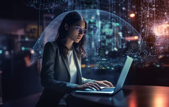 A futuristic scene of cyber exploration, a woman hacker immersed in her work, surrounded by symbolic holographic technology, delves into the digital realm with skill and determination