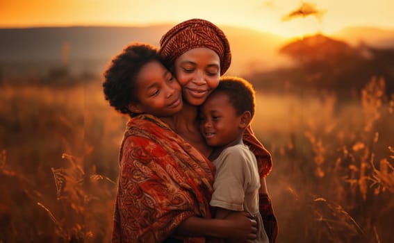A beautiful celebration of cultural heritage, an African-American mother tenderly embraces her child while adorned in traditional African attire, symbolizing the richness of their shared ancestry and pride.