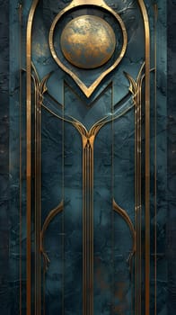The blue and gold door is crafted from wood and adorned with a circular religious artifact design. Its intricate symmetry and detailed sculpture make it a true work of art