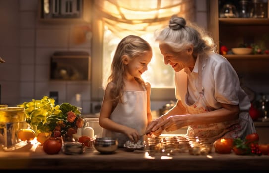 In the cozy warmth of home, a grandmother and her grandchild share a special bond as they cook together, passing on traditions, creating memories, and cherishing each other's company.Generated image.