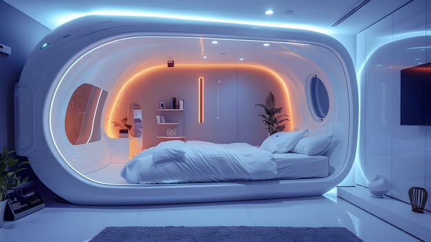 A futuristic bedroom with an electric blue bed in the middle, inspired by automotive design. Automotive lighting serves as the main source of light, resembling vehicle tail brake lights