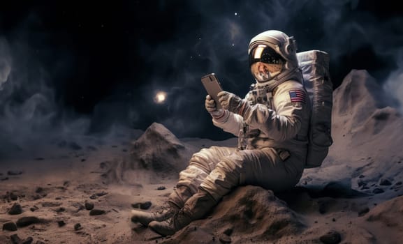 A grandmother astronaut takes a well-deserved break on the moon, checking her phone for messages from back home.