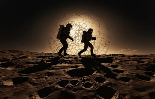 Two astronauts bravely venture into the shadowy realms of the lunar surface, bathed in the ethereal glow of space, as they embark on an exploration of the mysterious and uncharted territories of the moon.