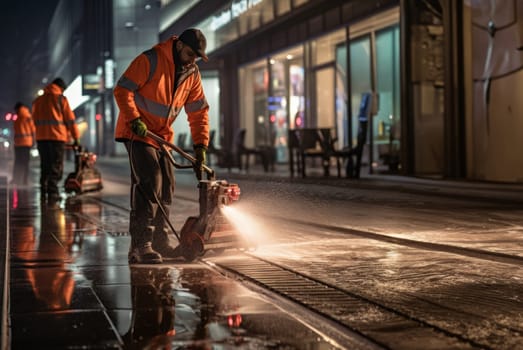 In the early hours of the morning, dedicated street cleaners diligently prepare the city for a fresh day, ensuring cleanliness and tidiness for all residents and visitors