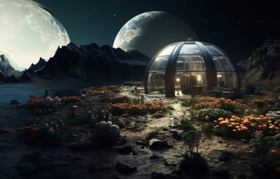 A greenhouse on the lunar surface, with plants from Earth growing inside.