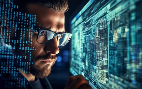 A hacker, surrounded by technological holograms, intensely focuses on coding in a close-up shot, portraying a futuristic cyber atmosphere.Generated image.