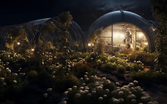 A greenhouse on the lunar surface, with plants from Earth growing inside.