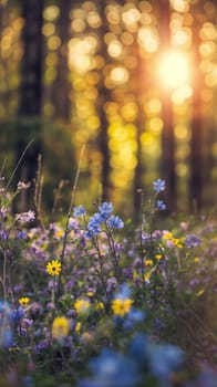 A picturesque field bursting with a profusion of blue and yellow flowers, creating a vibrant scene.