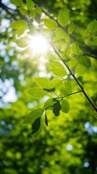Sun's rays filter through the vibrant green leaves, highlighting the intricate details and natural beauty - Generative AI