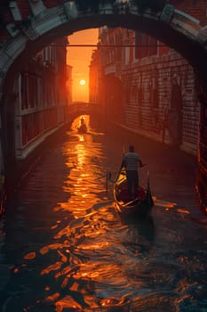 A man is gracefully floating down a canal in a gondola as the sun sets, casting a golden glow on the water, buildings, and arches reflecting in the evening darkness