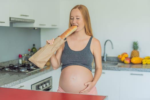 Pregnant woman eating bread in the kitchen. Exploring the impact of gluten during pregnancy: understanding the potential benefits and risks for maternal health and fetal development.