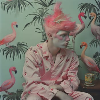 An artist with pink hair is painting flamingos, adapting their beaks and feathers in a visually stunning event showcasing his birdinspired artwork