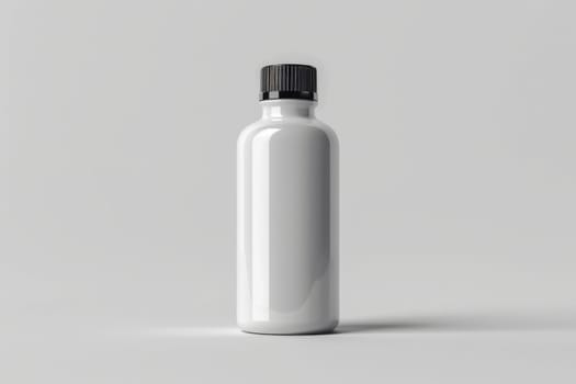 A white bottle with a black cap sits on a white background. Generative AI.