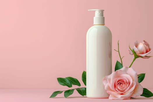 A bottle of lotion sits on a pink background with a rose next to it. Generative AI.