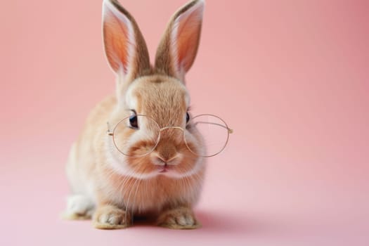 A rabbit wearing glasses is sitting on a pink background. Generative AI.