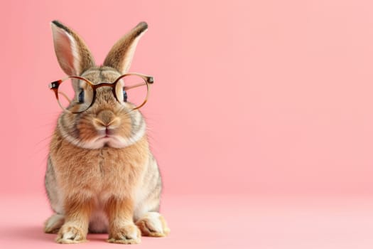 A rabbit wearing glasses is sitting on a pink background. Generative AI.