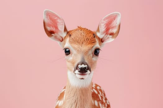 A baby deer with pink ears and a pink background. Generative AI.