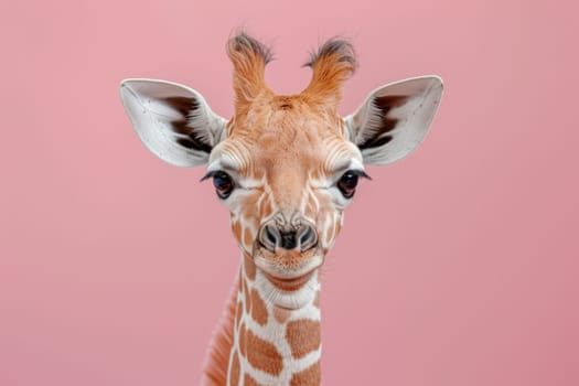 A baby giraffe with its head turned to the side and its eyes closed. Generative AI.