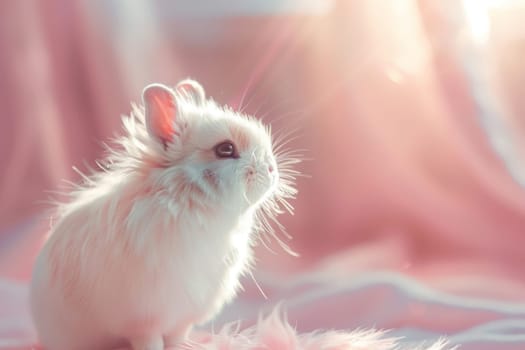 A white rabbit with long fur is sitting on a pink surface. Generative AI.