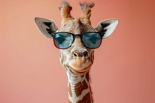 A giraffe wearing sunglasses and smiling. Generative AI.
