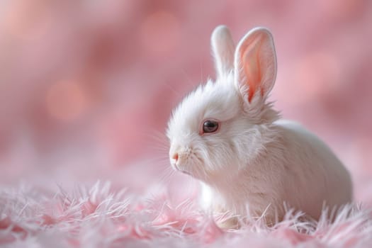 A white rabbit is sitting on a pink surface. Generative AI.