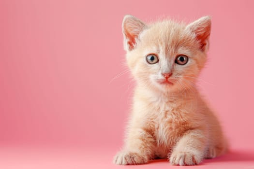 A cute little kitten is sitting on a pink background. Generative AI.