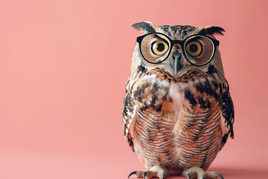 A cute owl wearing glasses is standing on a pink background. Generative AI.