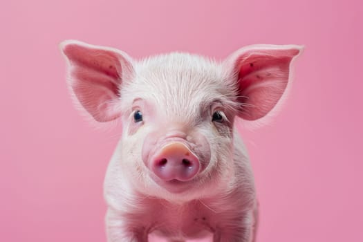 A pig with pink ears and a pink nose is staring at the camera. Generative AI.