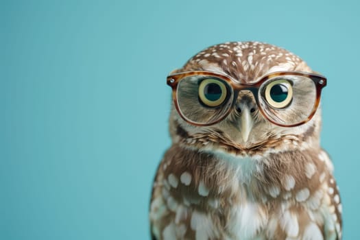 A small owl wearing glasses is staring at the camera. Generative AI.