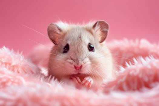 A small white hamster is laying on a pink blanket. Generative AI.