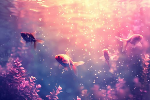 Three fish swimming in a tank with pink water and purple plants. Generative AI.
