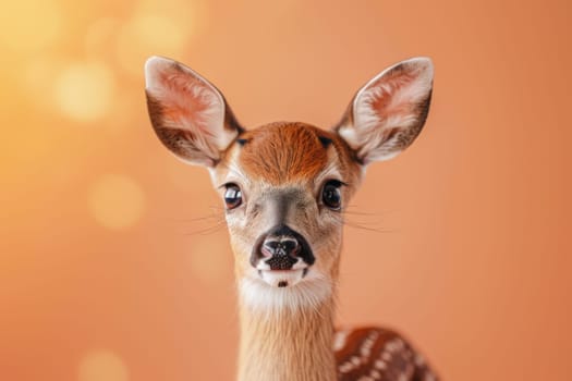 A baby deer with brown ears and a white nose. Generative AI.