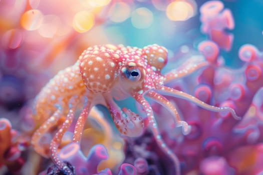 A small octopus with white spots is on a pink coral. Generative AI.