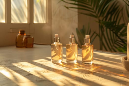 Three bottles of perfume are sitting on a table in front of a window. Generative AI.