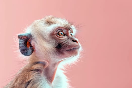A baby monkey with a pink background. Generative AI.