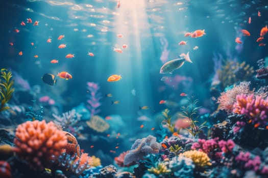 A colorful underwater scene with many fish and coral. Generative AI.