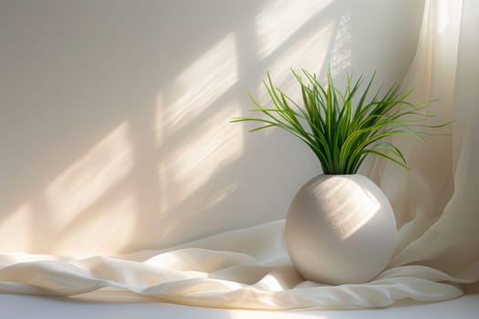 A white vase with a green plant in it sits on a white cloth. Generative AI.
